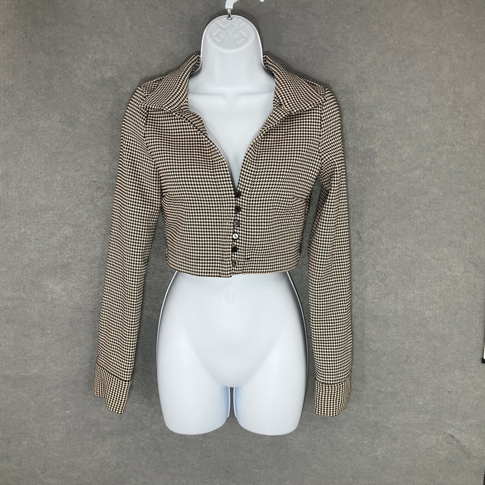 Zara Houndstooth Cropped Blazer Jacket‎ Fitted Career Button Front Sz Small